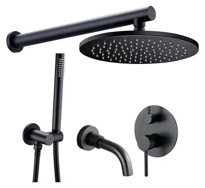Immagine prodotto di Sistema doccia 2318 - Set doccia da incasso a parete - Ottone - Doccia a soffitto rotonda da 20 cm con doccetta manuale - Miscelatore monocomando per acqua calda/fredda - Altezza regolabile - Finitura nera spazzolata