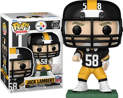 A Funko Pop! vinyl figure of NFL player Jack Lambert in his Pittsburgh Steelers uniform, displayed next to its packaging.