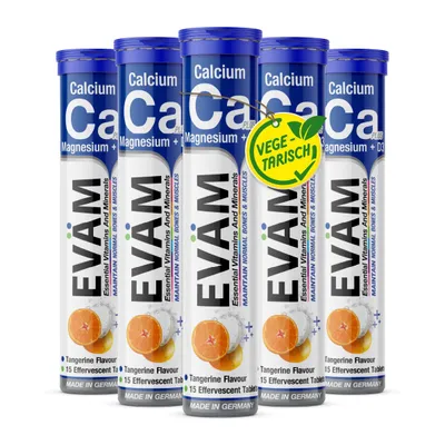 Produktbild von EVÄM Calcium Magnesium D3 Brausetabletten hochdosiert für Knochen und Muskeln, Vegetarisch und ohne Zuckerzusatz, Hergestellt in Deutschland - 5er Set