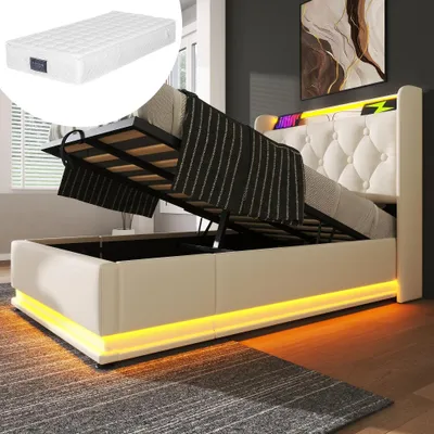 Obrázok produktu pre Postel s čalúneným čelom, rozmery 90x200 cm, biela, vyrobená z PU, s úložným priestorom, LED osvetlením a USB-C portom, vhodná do spálne