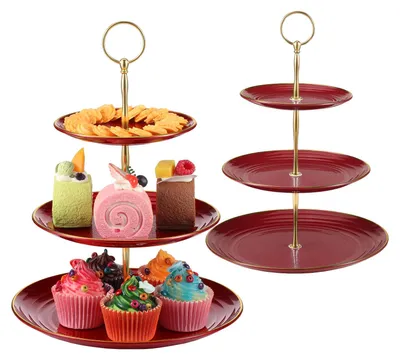 3-stöckiger Tortenständer, 2er-Pack, Kunststoff, goldener Rand, 34 cm hoch, rot