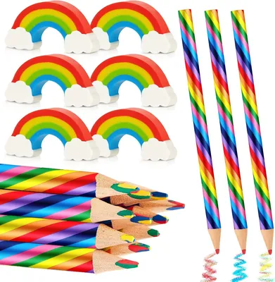 Produktbild von 24 Stück Regenbogen Buntstifte Set 12 Regenbogenstift mit 12 Regenbogen Radiergummis 4 in 1 Farbstifte Bunte Bleistifte Malen Zeichnen Geburtstag für Kinder Erwachsene Schule Basteln