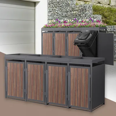 Obrázok produktu pre ML-Design 4-košový box na odpadky so strieškou na sadenie, kryt na 4 koše na odpadky, 240 l, 260x80x124 cm antracitová oceľ so vzhľadom dreva, box na odpadky s dvierkami