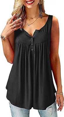 Image de ASKSA Débardeur femme sans manches col V T-shirt boutonné Tunique solide Blouse, Noir, L