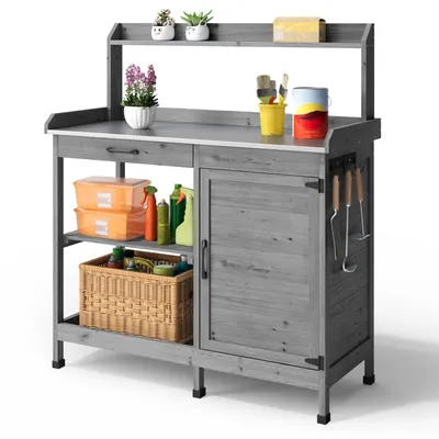 Immagine prodotto di BEALIFE Tavolo da giardinaggio con mobile base | Mobile da giardino con piano di lavoro, ripiano per piante e ripiano regolabile in altezza | Per interni ed esterni | CC51