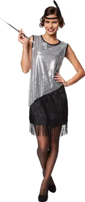 A woman wearing a flapper costume, holding a cigarette holder.