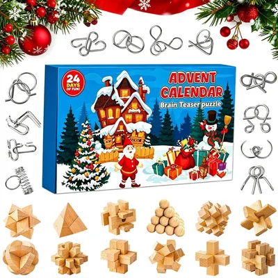Zdjęcie produktu dla Kalendarz adwentowy łamigłówki kalendarz świąteczny z puzzlami 3D łamigłówka 24 dni metalowe łamigłówki i drewniane puzzle 3D kalendarz adwentowy