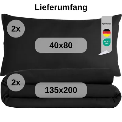 Produktbild von Komfortec Bettwäsche 135x200 4teilig Bettwäsche-Sets 2 Bettbezüge 135x200 cm + 2 Kissenbezüge 40x80 cm, Schwarz mit Reißverschluss
