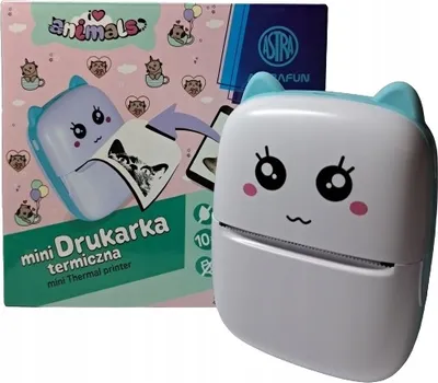 Zdjęcie produktu dla Mini drukarka termiczna różowa AstraFun Animals + 10 rolek papieru Astra