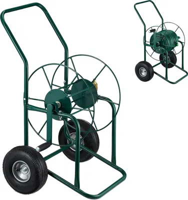 Produktbild von Relaxdays Schlauchwagen, bis 80 m, 2 Lufträder, Klickkupplung, Schlauchtrommel Metall, Schlauchabroller Garten, grün