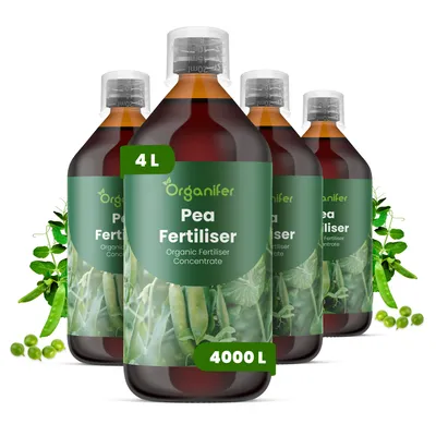 Obrázok produktu pre Hrach, tekuté hnojivo 4x1 L – vzorec NPK 2-1-8 – vhodné pre hrach – pre záhradu, záhony a pestovanie zeleniny – značka Organifer