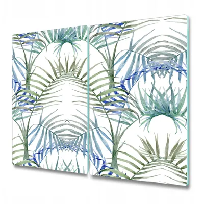 Produktbild von Küchenschneidebrett - Glasschneidebrett - Herdabdeckung - 2x 30x52 cm - Palmenblätter blau
