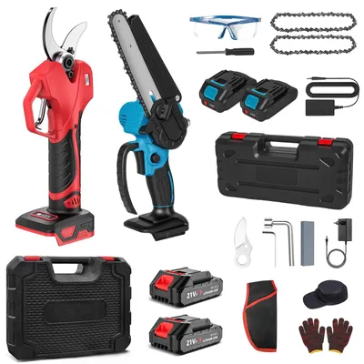 Zdjęcie produktu dla Mini piła łańcuchowa akumulatorowa - poręczna piła do gałęzi - ostrze 15 cm - 18V, bezprzewodowa - silnik bezszczotkowy - zestaw E z 4 akumulatorami