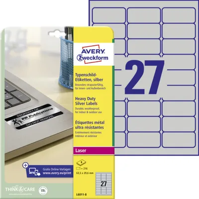 Produktbild von Avery Zweckform L6011-8 Typenschild-Etiketten, 63,5 x 29,6 mm, 8 Blatt/216 Etiketten, silber