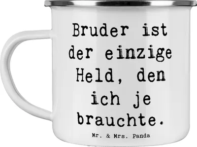 Produktbild von Mr. & Mrs. Panda Pott Spruch Bruder Held - Weiß - Geschenk, Tapferkeit, Emaille Tasse, Geschenke, emaillebecher, Haferl, Teetasse, Geburtstage, Handarbeit, Unterstützung