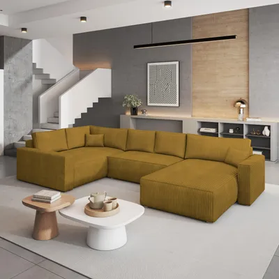 Produktbild von Masseno Ecksofa VELAMI L-S mit Schlaffunktion U-Form, Sofa mit Bettkasten, Wohnzimmersofa, Couch, Soffa, Bettsofa, Couchgarnitur- Gelb, POSO 01
