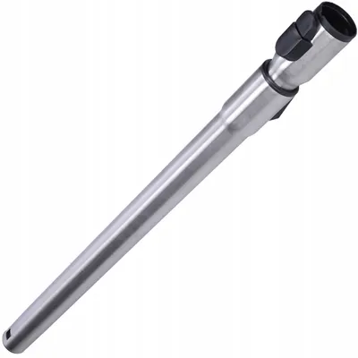 A silver metal telescopic tube with black plastic connectors on a white background.