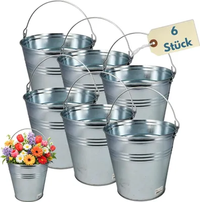 Produktbild von Zinkeimer Ascheeimer Metalleimer verzinkt Blecheimer für Garten Asche Eimer Blumentopf Metall Eimer 10 L Wassereimer Baueimer Futtereimer Garteneimer Dekoeimer 6 St.