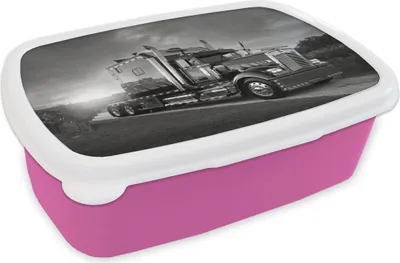 Produktbild von KitchenYeah® Lunchbox Brotzeit Brotdose 17x11 cm Lkw-Fahrt bei Sonnenuntergang - schwarz und weiß Kinder Brotzeitdose - Lunchpaket - Brotkasten  - Sandwich Box
