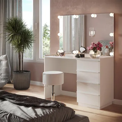 Zdjęcie produktu dla Vicco Stół do toalety Viktoria, 110 cm z lustrem, stołkiem i oświetleniem LED, Biały