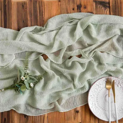 Produktbild von Tischläufer Musselin Gaze Eukalyptus Grün 280 x 80 cm Waschbar Rustikal