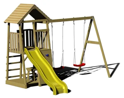 Produktbild von Wendi Toys Holz Spielturm Giraffe mit Rutsche, Kletterwand, 2 Schaukeln & Picknicktisch Natur 280x340x270 cm