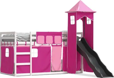 Image de vidaXL Lit superposé avec toboggan et rideaux rose 90x190 cm