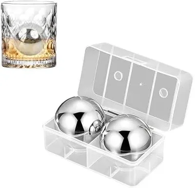 Produktbild von 2 Stück 55 mm Edelstahl Kühlsteine, Extra Große Eiswürfel aus Metall, Runde Whisky Steine mit Kunststoffbox, Wiederverwendbare Kugelförmige Eiswürfel, Stainless Steel Ice Balls für Cocktail/Bier (A)