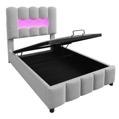 Produktbild von Flieks Hydraulisches Polsterbett 90x200cm mit Led, Kinderbett Jugendbett mit Stauraum, Stauraumbett Einzelbett mit Lattenrost, Samt, Grau