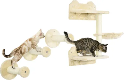 Produktbild von Sprungturm & 3 Kratzbäume, Kletterwand Mit Hängematte, Beige+Cremeweiß