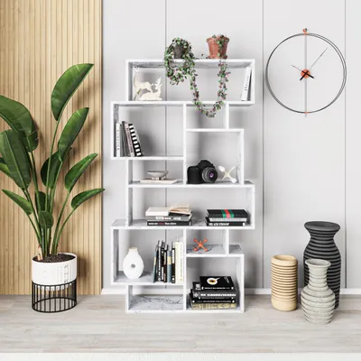 Produktbild von DECORTIE Karmato Modernes Bücherregal Display Unit Weißer Marmor Effekt 96 x 26 x 169 cm