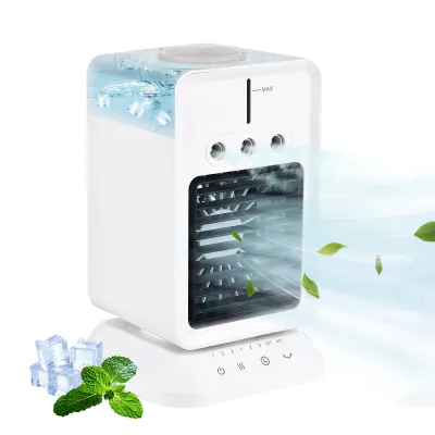 Obrázek produktu pro Přenosný stolní ventilátor, mini ochlazovač vzduchu, pokojový zvlhčovač vzduchu se 3 rychlostmi větru, nastavitelným směrem větru, časovačem, USB odpařováním pro domácnost, ložnici, kancelář, outdoor, kempování