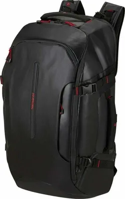 A black Samsonite rucksack is shown against a white background.