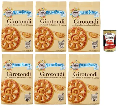 Produktbild von Mulino Bianco Girotondi Biscotti con Granelli di Zucchero di Canna, Kekse mit Zuckerzuckerkörnern, Ohne Palmöl, Frühstück voller Geschmack, buscits cookies 6x 350 g + Italian Gourmet polpa 400 g