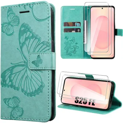 Image de Coque + 2 Verres Trempés pour Samsung Galaxy S25 FE, Protection Anti-Rayures Effet Cuir Vert avec Motif Papillon