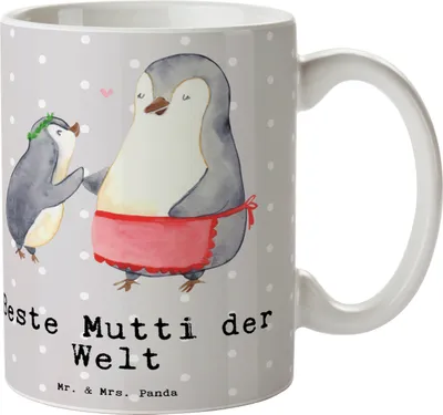 Produktbild von Mr. & Mrs. Panda Tasse Pinguin Beste Mutti der Welt - Grau Pastell - Geschenk, milchtasse, Kaffeetasse, Kaffeebecher, Ma, Geschenkidee, Mutter, Sohn, Danke, Bedruckte