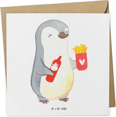 Produktbild von Mr. & Mrs. Panda Grußkarte Pinguin Pommes - Weiß - Geschenk, für Frauen, anlasskarte, Männer, Freundin, Glückwunschkarte, Klappkarte, Hochzeitstag, faltkarte, doppelkarte