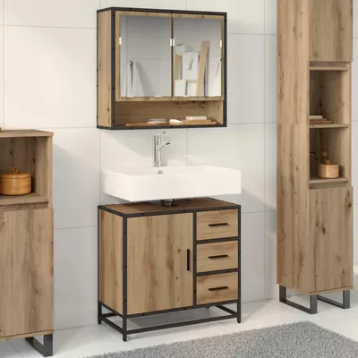 A bathroom vanity set with a sink, cabinet, and storage units against a white tiled wall.
