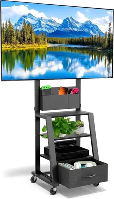 Productafbeelding van Verrijdbaar tv - Meubel met lade en 3 opbergvakken voor platte - Gebogen TV van 23-60 tot 72kg - Hoogte verstelbaar - Verrijdbaar tv