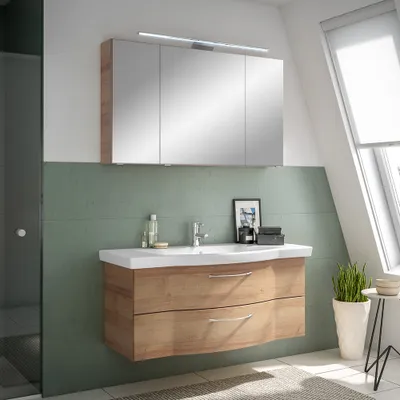 Produktbild von Waschplatz Set, 122cm, mit Waschbecken und LED Beleuchtung, Riviera Eiche quer Nb. SOLINGEN-66, B/H/T ca. 122/200/51,5 cm