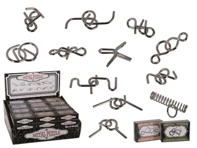 A collection of metal puzzles displayed on a white background, with a display box of puzzles in the foreground.