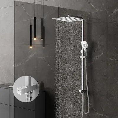 Produktbild von Famanu Duschsystem ohne Armatur - Regendusche 30 x 30 cm, höhenverstellbar, Edelstahl