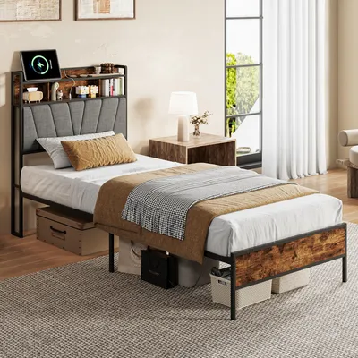 Produktbild von ProximaX Metallbett 90x200 cm mit LED, USB-Anschluss und Holzoptik-Kopfteil