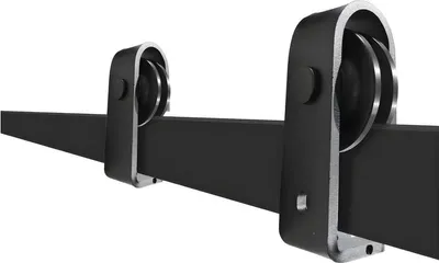 Produktbild von Schiebetürbeschlag Set 117 cm – Kohlenstoffstahl Schiene mit oben montierten Rollen – für Scheunentor / Schiebetür