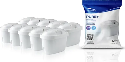 A collection of white water filter cartridges arranged in rows, with a single packaged filter on the right.