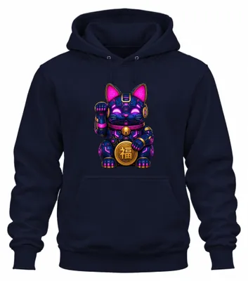 Zdjęcie produktu dla Cyberpunkowy robot Maneki Neko, Japonia, styl Y2K, bluza z kapturem "Winkekatze", kolor granatowy, rozmiar S
