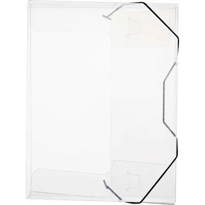 A clear, well-lit studio shot of a transparent file folder with a black elastic closure.