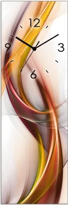 A vertical wall clock with an abstract design featuring swirling colors of orange, yellow, and red against a white background. The clock face has black numbers and hands.