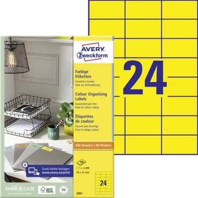 Produktbild von Avery Zweckform 3451 Farbige Etiketten, A4, 70 x 37 mm, 100 Bogen/2.400 Etiketten, gelb