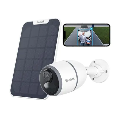 A security camera, solar panel, and smartphone displaying a live feed.